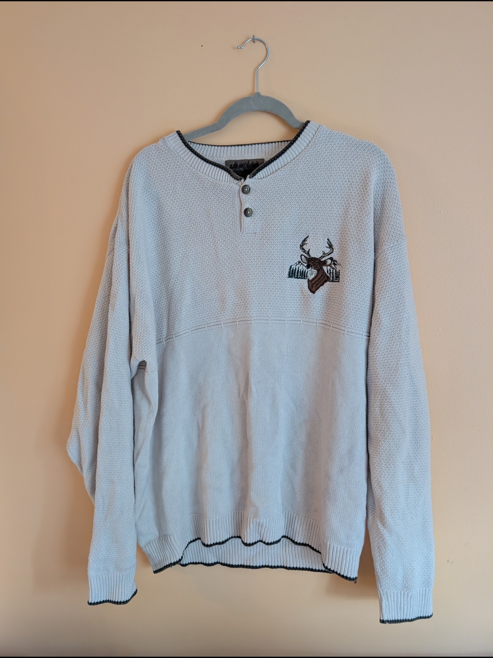 Men's Cream Henley Sweater with Deer Embroidery